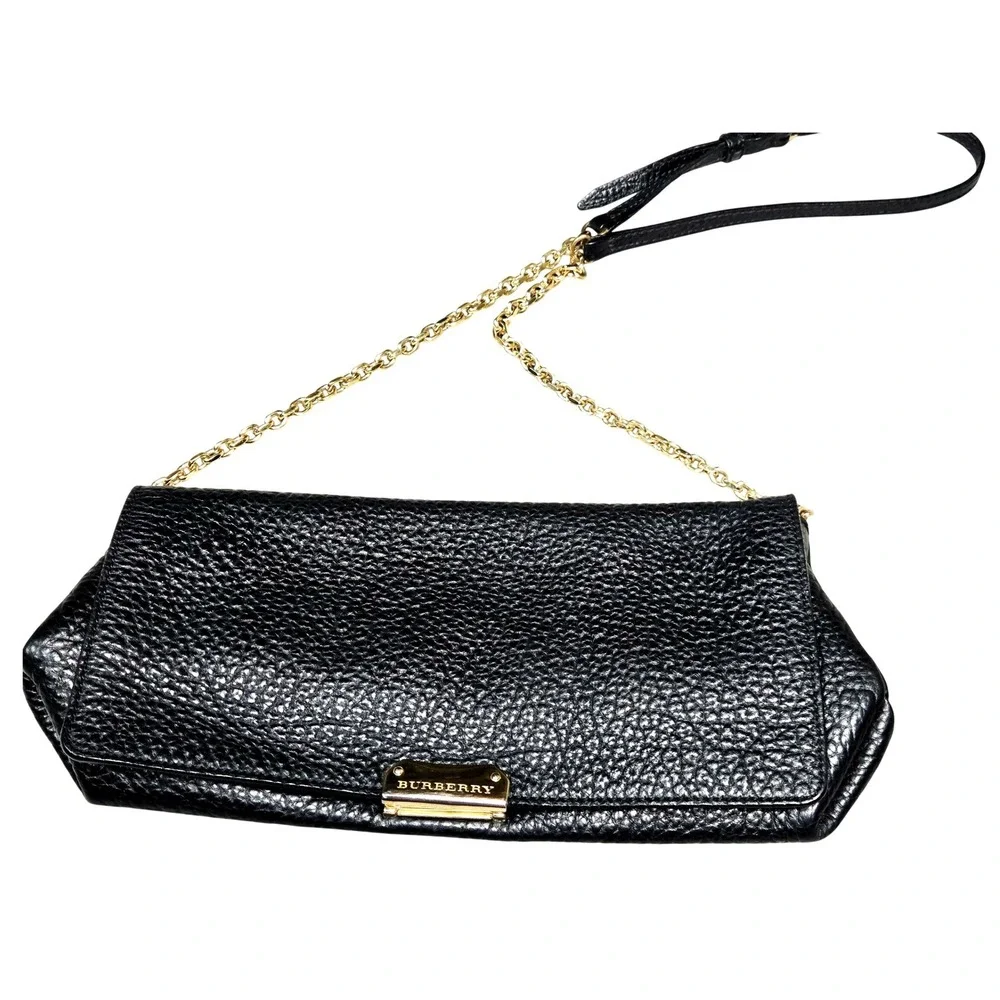 Women's Burberry Black Mildenhall Pebbled Leather Gold Chain Shoulder Bag - Picture 1 of 8